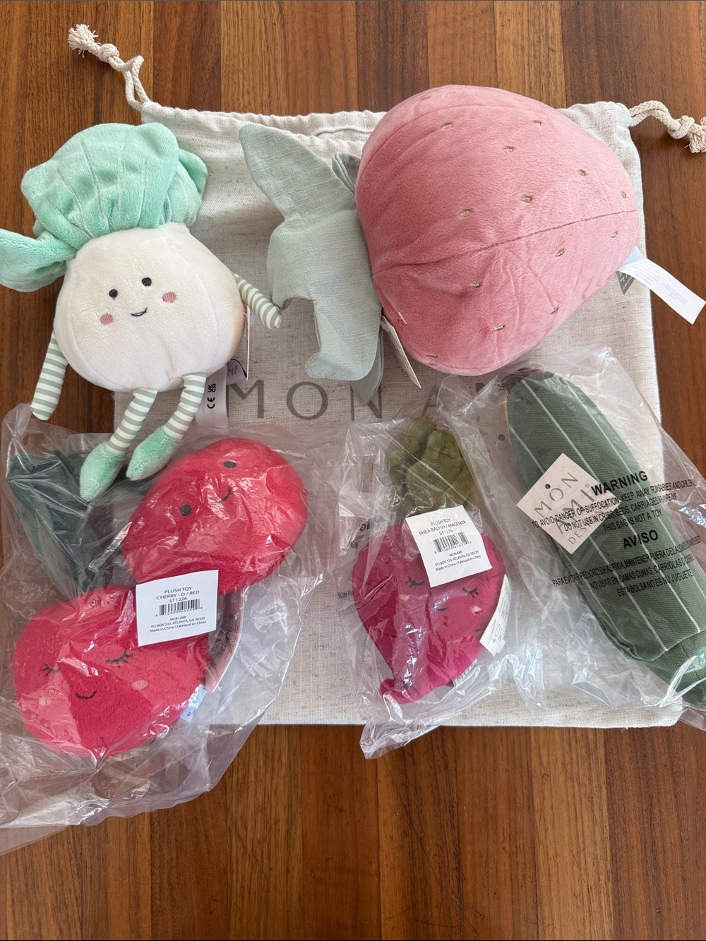 NWT Mon Ami set of 5 plush, cherry, corn, radish, bok choy and strawberry